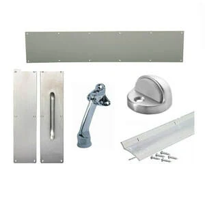 Commercial door protection plates, pull plates, kick plate, and trim hardware